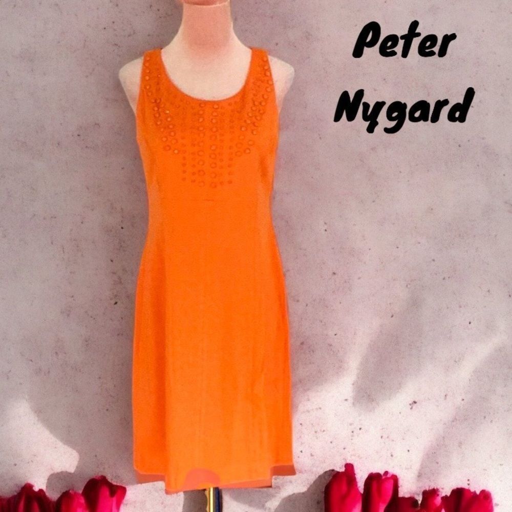 PETER NYGARD PETITE DRESS SIZE 8 ORANGE BEADED DETAIL SLEEVELESS SHEATH